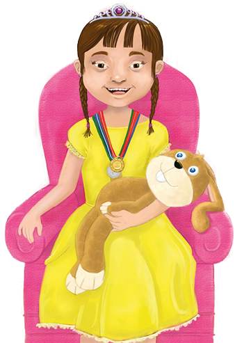 Ilustração da personagem Caia, que tem síndrome de Down, vestida de princesa com um coelho de pelúcia no colo.