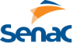 Logotipo do Senac com escrita em azul. No topo, há 3 figuras geométricas arqueadas nas cores laranja e azul.