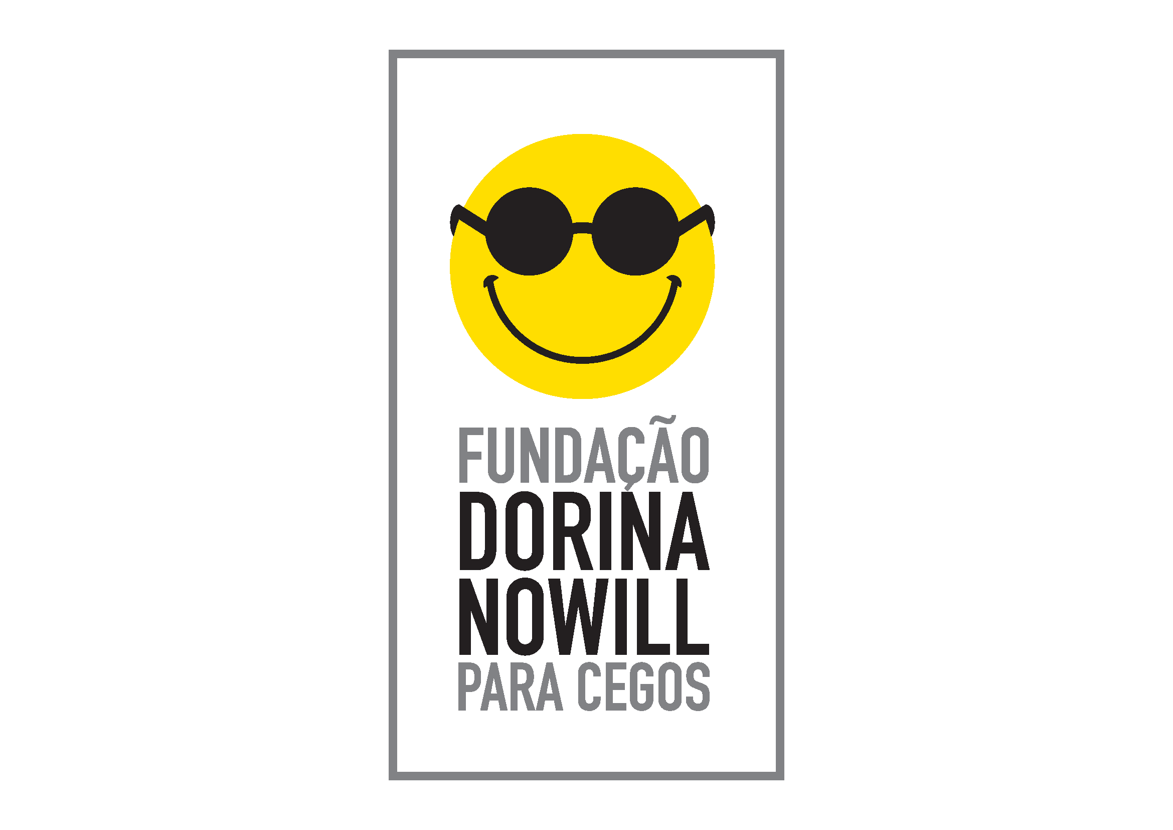 Logotipo da Fundação Dorina Nowill com escrita em preto e cinza e a ilustração de um emoji de sorriso e óculos escuros.