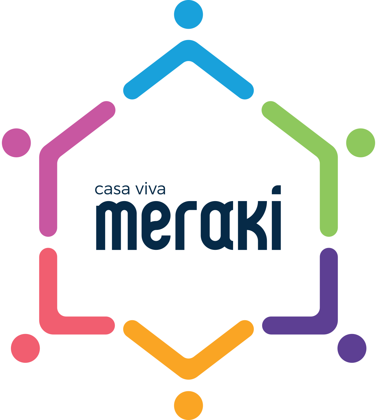 Logotipo da Casa Viva Meraki com escrita em azul escuro e traços coloridos ao redor das palavras