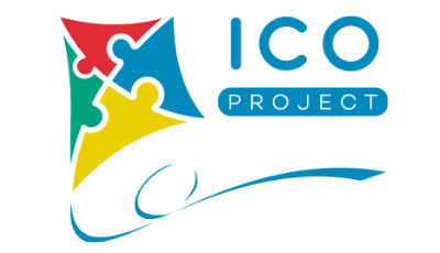 Logotipo do ICO Project com escrita em azul em um fundo transparente com uma pipa nas cores azul, amarelo, verde e vermelho