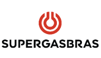 Logotipo do SuperGasBras com escrita em preto em um fundo transparente com uma imagem circular em vermelho